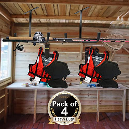 4 Set Overhead Garage Storage Rack, Heavy Duty Overhead Storage Double Hook, Ceiling Mount Hanger Safe Racks Hooks, Hanging for Lumber Ladder Storage & Other Bulky Items (Pack of 4 - Black) - size: Width 16.5in/42cm 4 Pack