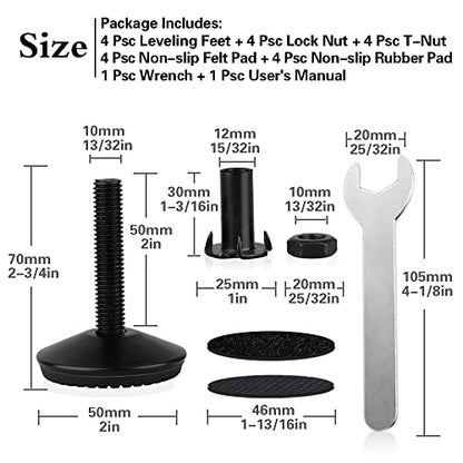 4 Set M10 Adjustable Leveling Feet, Heavy Duty Height Adjuster Furniture Leveler Foot With T Nut, Screw On Cabinet Restaurant Table Chair Self Levelers Leg (2" Base Dia & Thread Length, Black) - style: Black Stable Leg Levelers