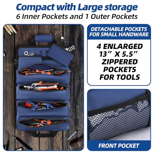 Tool Roll Bag, Heavy Duty Tool Organizer Roll Up, Portable Tool Storage Bag Easily Hanging on the Wall and Car for Professional Mechanics, Electricians, Carpenters, and Hobbyists, Blue