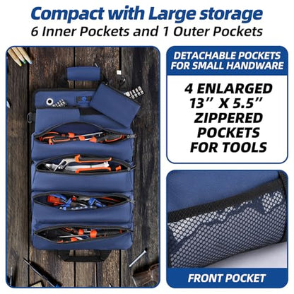 Tool Roll Bag, Heavy Duty Tool Organizer Roll Up, Portable Tool Storage Bag Easily Hanging on the Wall and Car for Professional Mechanics, Electricians, Carpenters, and Hobbyists, Blue