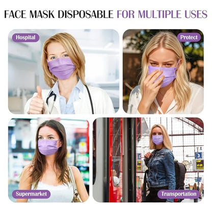 Disposable Face Mask For Adults - Travel Essentials, 100 Pack Individually Wrapped, 4 Ply Protection,Safety Masks Disposable - color: Purple