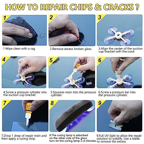 CLAMPER Windshield Repair Kit, Windshield Crack Repair Kit 4 Pcs, Windscreen Repair Kit with Enhanced Injection Head Suction Cup UV Curing Light, Windshield Chip Repair Kit for Bulls-Eye (Yellow)