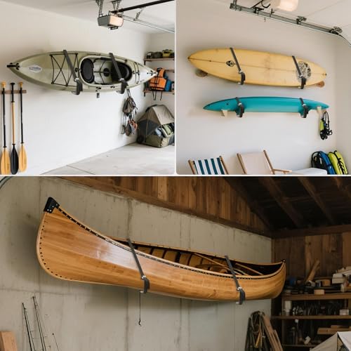 Kayak Storage Rack – 100LB Heavy Duty Kayak Wall Mount with Foam Padding & Straps | Kayak Rack for Garage, Wall Mounted Storage Hooks for Canoes, Paddle Boards, Ladders, Bikes (Square Tube) - style: Square Tube