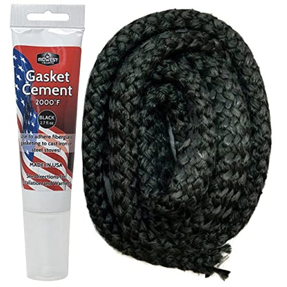 Midwest Hearth Wood Stove Replacement Gasket Kit – Made in USA Graphite Impregnated Fiberglass Rope Gasket & 2000°F Adhesive Cement for Woodburning Stoves (1" x 72" Rope) - size: 1" x 72" Rope