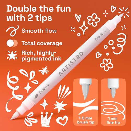 ARTISTRO 12 White Acrylic Paint Markers - Paint Pens for Drawing, Brush + Fine Tips - For Fabric, Rock, Glass, Wood, DIY - Art & Craft Supplies for Adults, Teens, Kids - Teacher Appreciation Gift - style: White