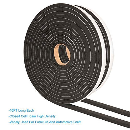 2 Rolls Foam Tape Weatheratrip for Door Window Insulation, Single Sided Foam Strips Adhesive, High Density Foam Seal Tape, Closed Cell Foam Seal Strip Tape(1/2"Wx1/4"Tx32FT, Black) - size: 1/2"W x 1/4"T x 32FT