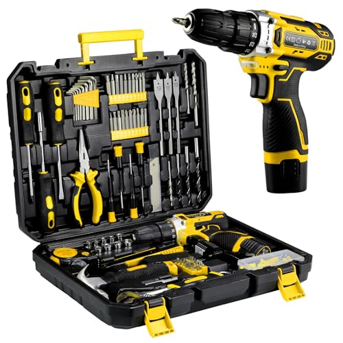 TLGREEN Complete Home Tool Kit with 12V Cordless Drill & Magnetic Bits | 138Pcs All-in-One Set for DIY, Repairs & Assembly | Durable Case & Fast Charging | Ideal for New Homeowners | Yellow - color: Yellow
