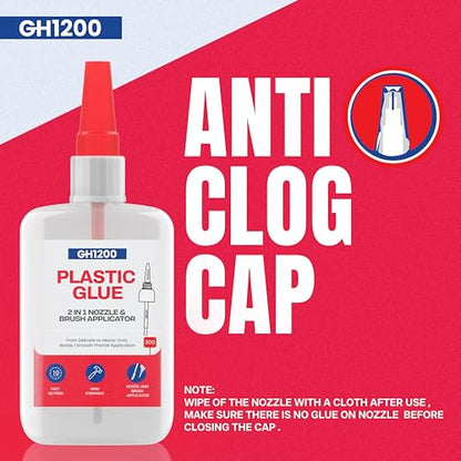 GH1200 (2-in-1) Super Glue for Plastic with Brush Applicator & Nozzle - Fast Setting Plastic Glue Heavy Duty for Solid Bonds, DIY & More, Crystal Clear & No Stain Glue - style: 20g Plastic Glue Brush & Nozzle