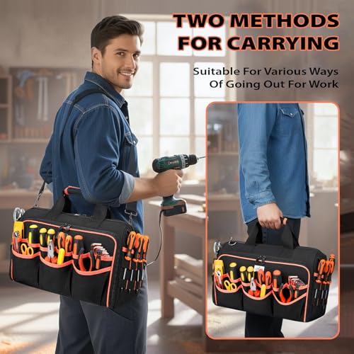 JJRING Heavy Duty 17inch Tool Bag with 48-Pockets, 1680D Oxford Organizer Storage Bag With Adjustable Shoulder Strap And Padded Handle For Electrician Plumbing Mechanics DIY And Craftsmen (RED)