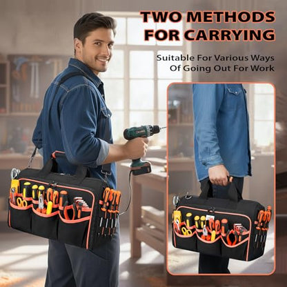 JJRING Heavy Duty 17inch Tool Bag with 48-Pockets, 1680D Oxford Organizer Storage Bag With Adjustable Shoulder Strap And Padded Handle For Electrician Plumbing Mechanics DIY And Craftsmen (RED)