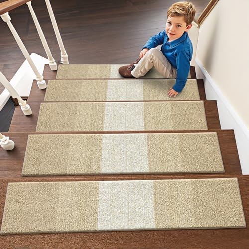 OLANLY Stair Treads Non Slip 15PCS, 8" x 30" Indoor Stair Runners for Wooden Steps, Edging Stair Rugs with Reusable Peel and Stick Adhesive for Kids Elders and Pets, Beige - color: Beige