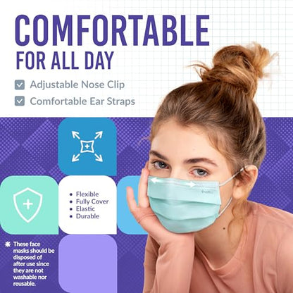 Medtecs Kids Face Mask Disposable - 2 Sizes Option (Child/Youth) 50 PCs - Comfy 3-Ply Breathable Children Masks, The Better Choice - Youth | Green - color: 07. Green, size: Youth - 50 PC