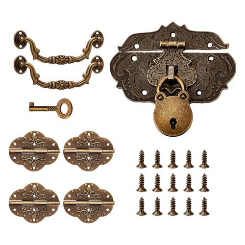 NICENEEDED Vintage Locking Carrying Handle Hinge Kit, Antique Bronze Decorative Hardware Zinc Alloy Jewelry Box Lock, Furniture Accessory for DIY Jewelry Box Decor