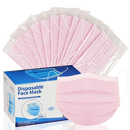 PM PERFORMOTOR 50 Packs Individually Sealed 3-Ply Disposable Pink Face Mask Protective Mouth Cover - color: Pink Individual