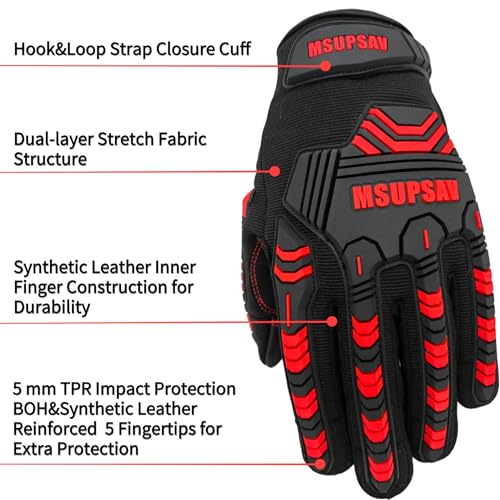 Heavy-Duty Work Gloves,Synthetic Leather Impact Protection Mechanic Rigger Glove,High Dexterity,Vibration Reduction,Touchscreen,Large,Red+Black - color: Red+black, size: Large