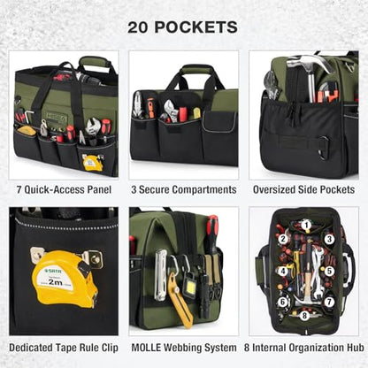 HISEA Heavy Duty Tool Bag 20 Pockets, 16-Inch Portable Tool Box Organizer, 600D Waterproof Wide Mouth Large Storage Toolbag for Electrician, Tradesman with Adjustable Shoulder Strap