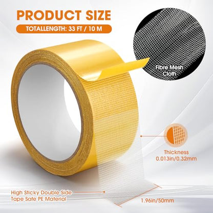Double Sided Fabric Tape Heavy Duty Mounting Tape, Multifunctional High Stickness Strong Tape, Clear Gauze Fiberglass Tape for Clothes Pictures Posters Frames Carpet Art (1.96In x33FT(10M)) - size: 1.96In x33FT(10M)