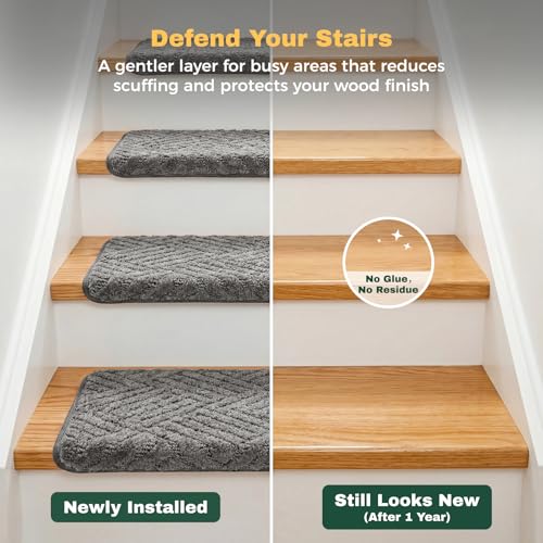 MBIGM Bullnose Non-Slip Stair Treads w/Reusable Adhesive 14 Pack 9.5" x 30" Wooden Steps Protection - TPU Backing with Steel Reinforcement - Anti-Slip Solution Basketweave Dark Gray - color: Dark Gray - Basketweave