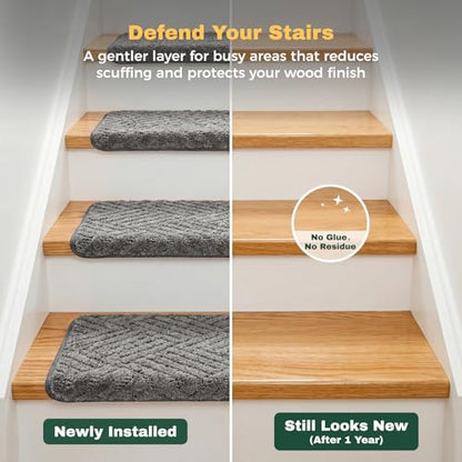 MBIGM Bullnose Non-Slip Stair Treads w/Reusable Adhesive 14 Pack 9.5" x 30" Wooden Steps Protection - TPU Backing with Steel Reinforcement - Anti-Slip Solution Basketweave Dark Gray - color: Dark Gray - Basketweave