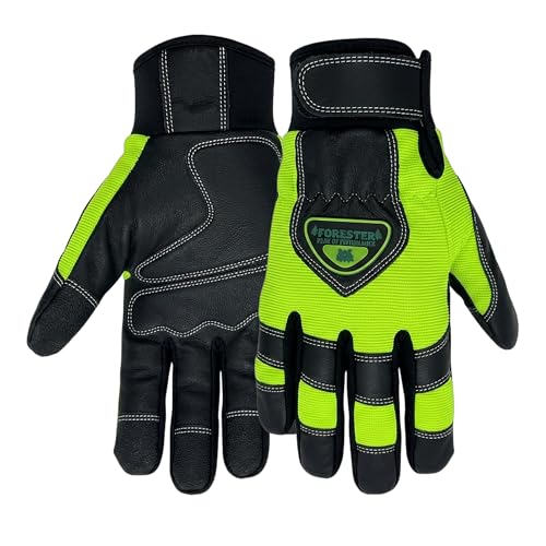 FORESTER Hi-Vis Chainsaw Gloves | Anti-Vibration Leather Safety Gloves for Chainsaw Work, Logging & Tree Cutting | Cut-Resistant Protection - size: Medium (Pack of 1)