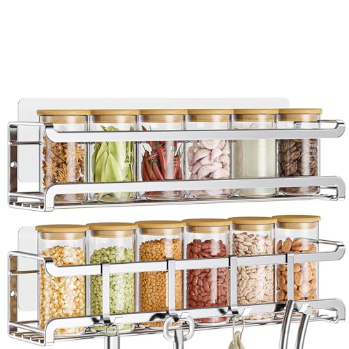 Bunoxea Spice Rack wall mounted 2 Pack, Space-Saving Spice Organizer for Spice Jars and Seasonings,Screw or Adhesive Hanging Spice Rack Organizer for Your Kitchen Cabinet,or Pantry Door,Silver - color: Silver, size: 2Pack