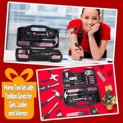 MARTCOLOR 58 Piece Household Tool Set, General Household Hand Tool Kit with Plastic Toolbox Storage Case, All Purpose Household Tool Kit for Women, Girls and Ladies, Pink - color: Pink