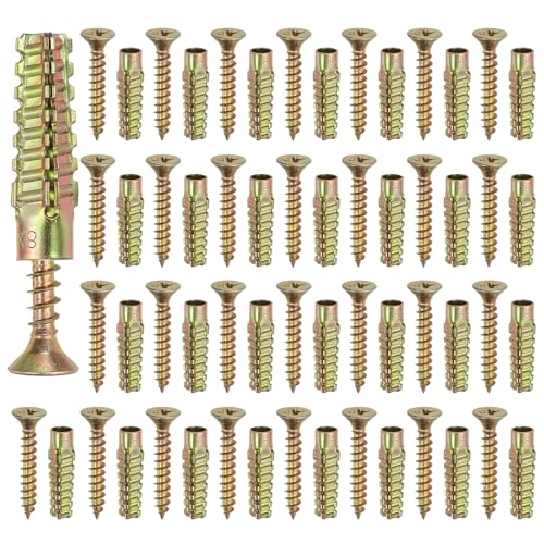PATIKIL 30 Pcs Drywall Hollow Wall Anchors with Screws 0.24 x 1.57, Steel Dry Wall Anchors Kit for Wooden Concrete Plaster Hinge Hole Repair, Brass (8 x 38mm) - size: 8 x 38mm