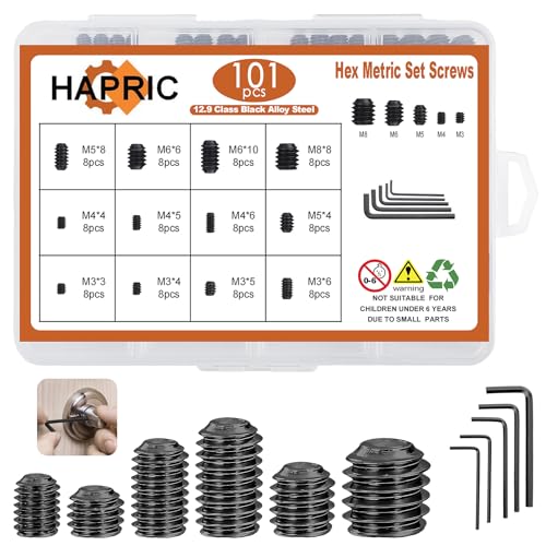 Hapric 101 Pcs 12 Size Set Screws Metric Set Screw Assortment Kit 12.9 Alloy Steel Head Socket Metric Sets Screws for Bathroom Fixtures Door Handles(M3-M8) - color: Black-Metric-101 Pcs
