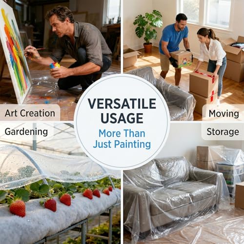 RAINFLOW Plastic Sheeting Heavy Duty - 6 PCS Disposable Clear Tarp Waterproof 0.4 Mil 9.8 X 9.8 Ft Dust Cover for Furniture, Couch and Floor Protection During Painting Lightweight Anti-Dust Cover