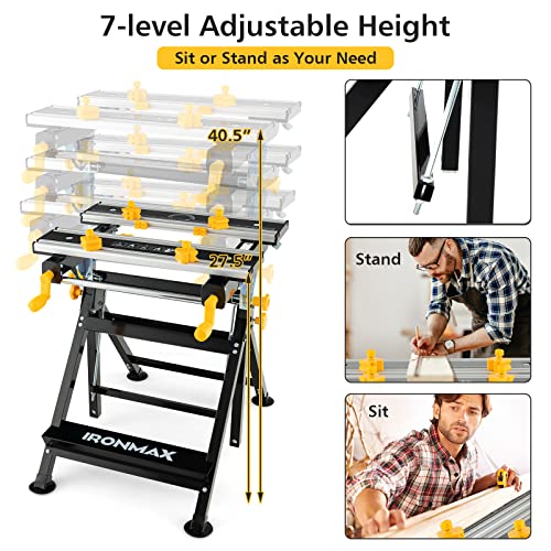 IRONMAX Portable Workbench, Folding Work Table with 7-Level Height Adjustable, 8 Sliding Clamps and Reclining, Folding Workbench and Vise for Cutting, Saw, Paint