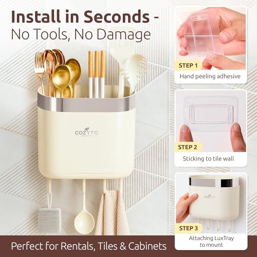 COZYTO LuxTray U1-Pro Wall Mounted Utensil Holder – Kitchen Organizer with Hooks, Dividers & Drain Tray, No-Drill Adhesive Wall Mount Storage, BPA-Free (Cream White & Shiny Silver) - color: Cream White & Shiny Silver