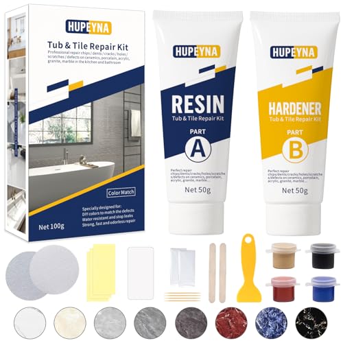 Tub, Tile and Shower Repair Kit (Color Match), Hupeyna Porcelain Repair Kit, Bathtub Repair Kit for Chips Dents Cracks Holes Scratchs, etc. Fiberglass Repair Set - Offer More Color Options