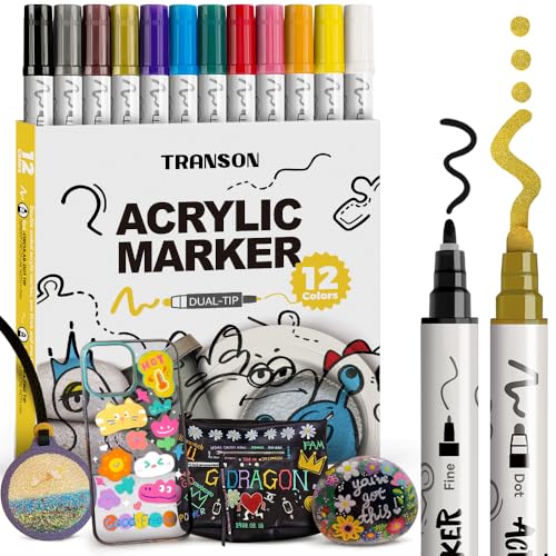 TRANSON 12 Color Bold and Fine Dual-tip Acrylic Paint Pen Set for Canvas Rock Wood Leather Ceramic DIY Painting - color: 12 Colors