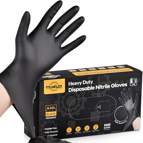 TitanFlex Heavy Duty Black Nitrile Gloves, 6 Mil, Fully Textured, Mechanic Disposable Gloves, Latex Free, Powder Free - color: 03 Black (L, 100ct)