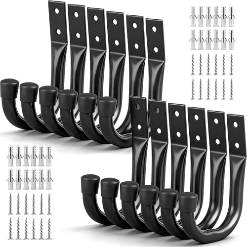 Heavy Duty Garage Storage Hooks, 12-piece Bike Hooks for Garage Wall, Utility Garage Hooks, Wall Mount J Hook for Hanging, Large Metal Storage Organizer Tool, Extension Cord Hanger - style: 12-Piece Black