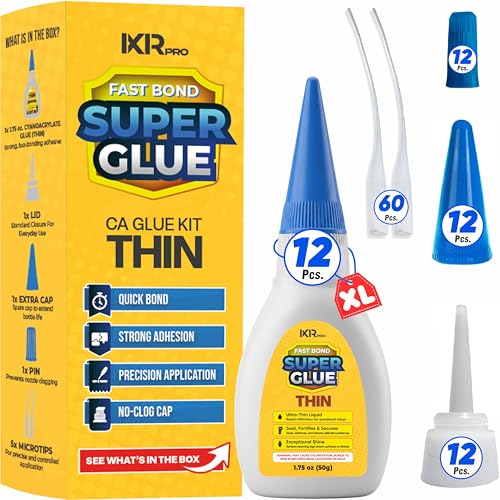CA Glue Thin Viscosity Kit (12x1.75 oz.) Cyanoacrylate Glue, Super Glue for Precision Repairs, Wood, Plastic, Model Building, Crafts, and 3D Printing, Fast-Drying Adhesive for Tight Spaces and Cracks - size: 12 Pack, style: Thin CA Glue