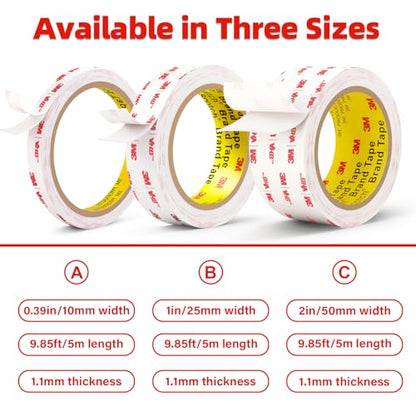 3M Double Sided Tape Heavy Duty 1in X 9.85ft, Heavy Duty Removable Mounting Tape for Wall, White Sticky Foam Tape, Picture Hanging Strips & Poster Hanger, Waterproof Adhesive Strips, Carpet Tape - size: 1in X 9.85ft