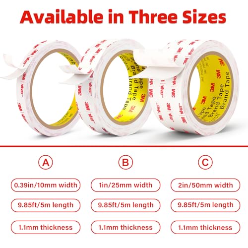 3M Double Sided Tape Heavy Duty,0.39in X 9.85ft Removable Mounting Tape for Wall, White Sticky Foam Tape, Picture Hanging Strips & Poster Hanger, Waterproof Adhesive Strips for LED Light - size: 0.39in X 9.85ft