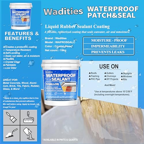Liquid Waterproof Sealant Clear - 5 Gallon, Wadities Wall Bathroom Roof Water-Based Waterproof Coating, Invisible Repairing Leak Patch & Seal Liquid Rubber Sealant for Indoor and Outdoor - style: 5 Gallon Clear