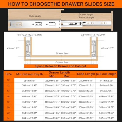 14 inch Drawer Slides 4 Pairs (8pcs) 3 fold Full Extension Side Mount Cabinet Drawer Glides 14" Silver Cabinet Rails for Dresser, Cabinet, Kitchen,Trash Can, Wardrobe 100 LB Capacity - size: 14 Inch