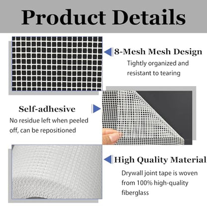 Acuteye Drywall Mesh Tape, 6IN X 90FT 100% Fiberglass 8 Mesh Drywall Repair Joint Tape Roll Self Adhesive for Patch Hole Wall Crack Seam