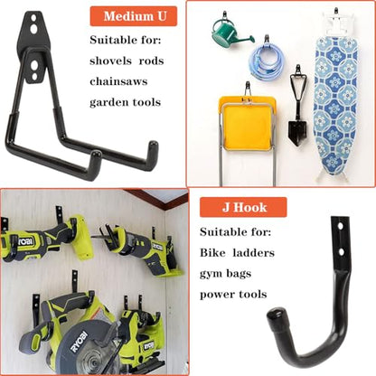 TocTen Garage Hooks, 14 Pack Garage Storage Hook Heavy Duty Solid Steel Wall Hooks, Wall Mount Storage Hook Kit with Anti-Slip Coating Ladder Hooks for Hanging Garden Tools Chair Hose Ropes (Black) - color: Black