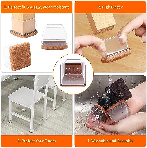 Ezprotekt 24 Pcs Clear Square Chair Leg Floor Protectors with Felt, Silicone Felt Furniture Pads for Hardwood Floor, Dining Table Leg Caps Covers No Scratches and Noise (L Fit: 1" - 1.4") - size: L-Square