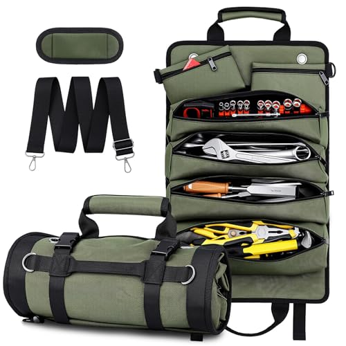 Tool Roll Up Bag, 1680D Heavy Duty Tool Bag Organizer with 2 Detachable Tool Pouches & Multiple Pockets, Waterproof Motorcycle Tool Roll for Mechanic & Electrician, Gift for Men Him Dad, 21.9"*14.7" - color: Green