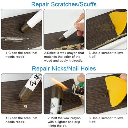 12 Colors Wood Furniture Filler Sticks, Wood Repair Wax Crayons with Yellow Scraper, Crayons Wood Filler Furniture Repair Wax Filler Sticks for Repairing Scratch, Scuff, Crack and Hole Touch Up Kit