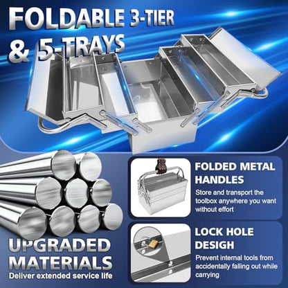 Metal Cantilever Tool Box, 3-Tier 5 Tray Fold Out Stainless Steel Tool Box with Handle, 14" Stack-able Portable Tool Storage Box Organizers Chest for Household Factory Warehouse Repair Shop