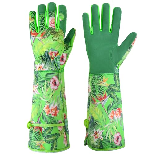 HANDLANDY Women Gardening Gloves, Scratch Resistant Breathable Ladies Rose Pruning Long Gauntlet Floral Print Garden Yard Gloves, Gift for Gardeners (Grass Green, S) - color: Grass Green, size: Small (Pack of 1)