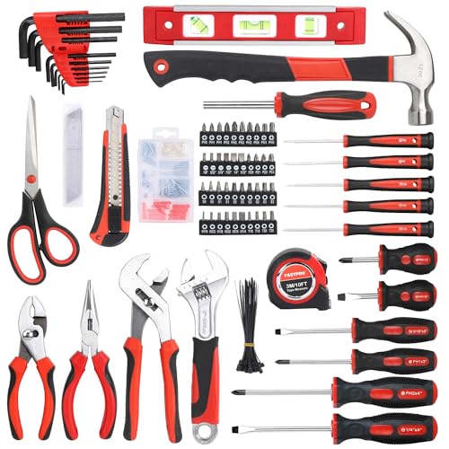 FASTPRO 220-Piece Home Tool Set, Household Repairing Tool Kit with 12-Inch Wide Mouth Open Storage Tool Bag, Red - color: Red