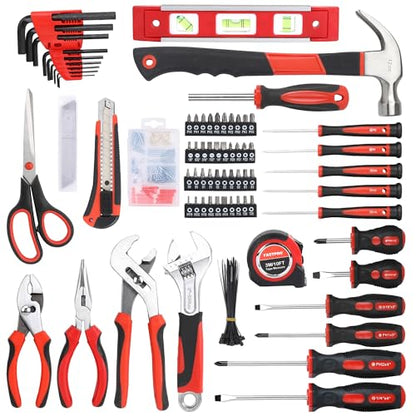 FASTPRO 220-Piece Home Tool Set, Household Repairing Tool Kit with 12-Inch Wide Mouth Open Storage Tool Bag, Red - color: Red