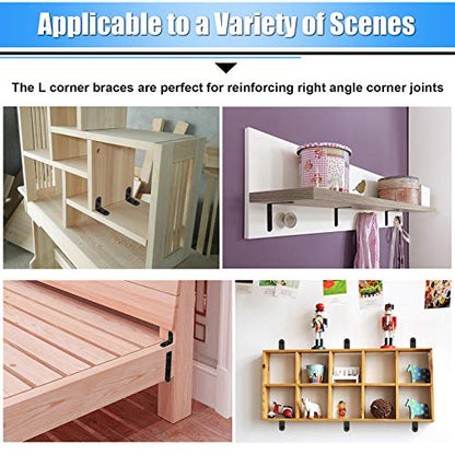 Glarks 130Pcs Black L Bracket Right Angle Corner Brace Joint With Mounting Screws - 20mm 50mm 100mm 125mm for Wood Chair Bookshelf Board Window Furniture Cabinet - size: 4 Size L Bracket Set